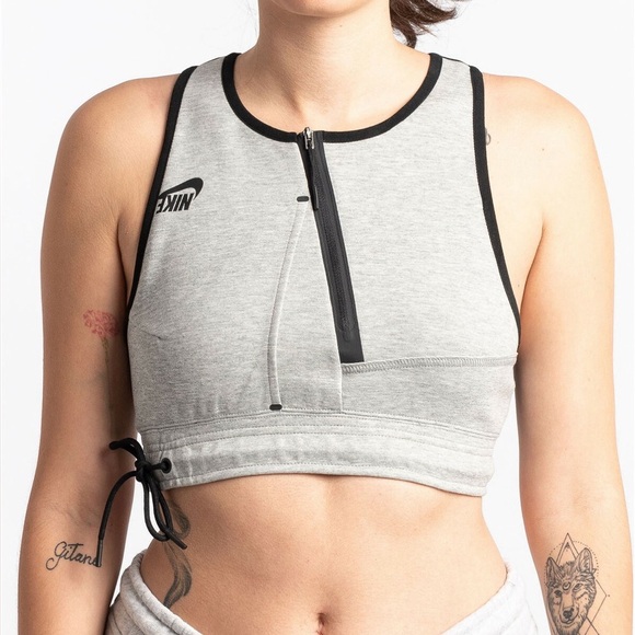 Nike Tech fleece Crop Zippered Top Grey Black Lightweight Large CD4201 063 - Picture 1 of 11